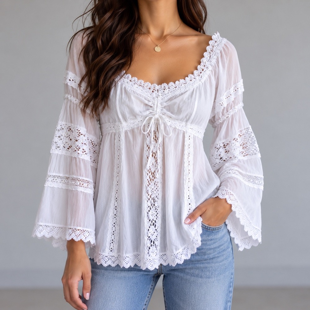 Karma Highway Eyelet Lace Bell Sleeve Peasant Top Women S White Boho Cottagecore